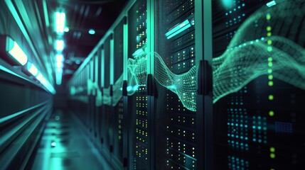 A computer server room with a large green and blue computer server