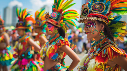 A group of women in colorful costumes are standing in a line