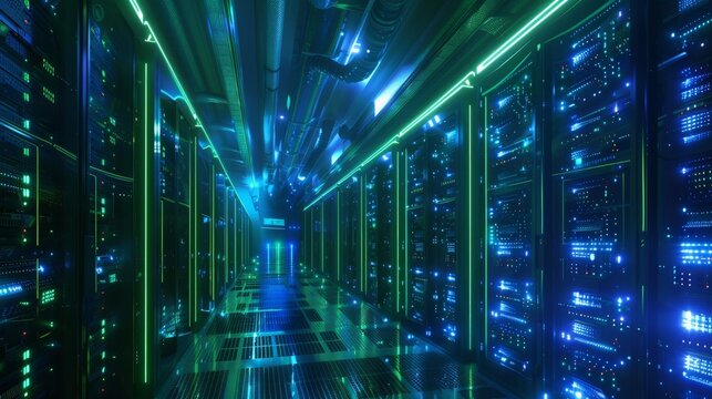 A large room with many computer servers and green lights - Powered by Adobe