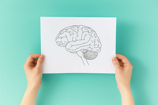 Hands holding white paper with drawing of human brain on turquoise background. Mental health and positive thinking concept - Powered by Adobe