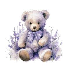 Lavender teddy bear watercolor illustration, lavender clipart