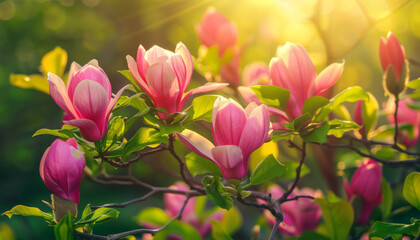 Fototapeta premium A closeup of pink magnolia blossoms blooming on a branch in the sunlight
