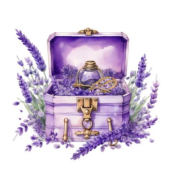 Lavender Treasure Chest Watercolor Illustration, Lavender Clipart