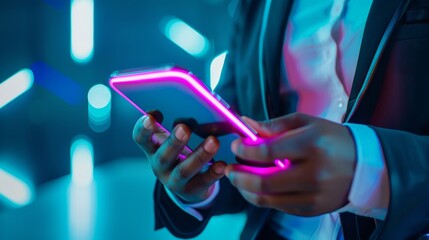 Modern Business Technology - Close-up of Neon-Trimmed Smartphone Held by Executive in Sleek Office Setting