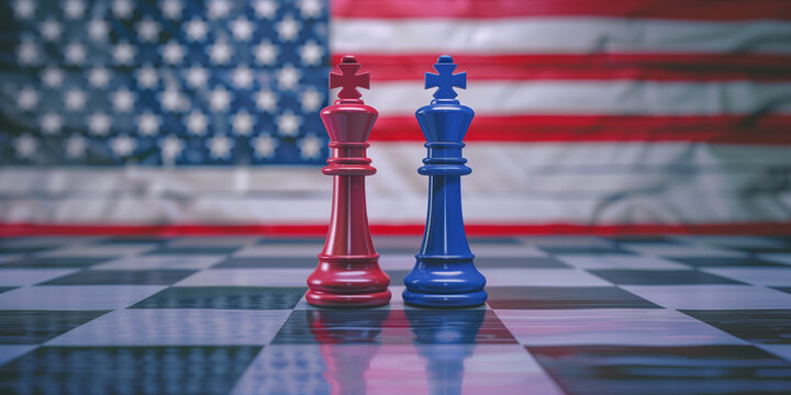 Red and blue chess king pieces standing on a chessboard with an American flag background, symbolizing a political face-off and leadership.