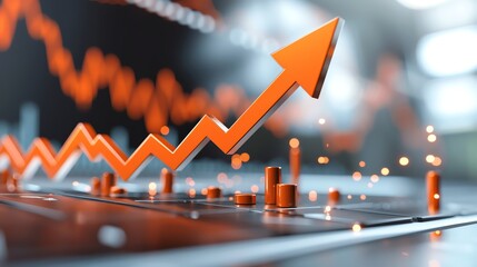Dynamic upward trend shown with an orange arrow on a digital background, symbolizing growth and success in business analytics.