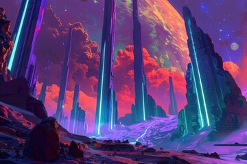 An alien landscape with towering structures glowing in vibrant colors under a dramatic sky
