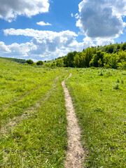 Obraz premium Path on the hills on green grass in summer