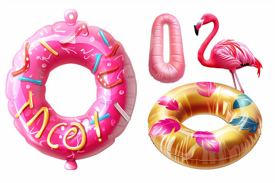 3d inflatable swimming rings designs, doughnut and pink flamingo. Realistic pool rubber circle top and side view. Swim lifesaver vector set. Ring inflatable for pool and sea illustration