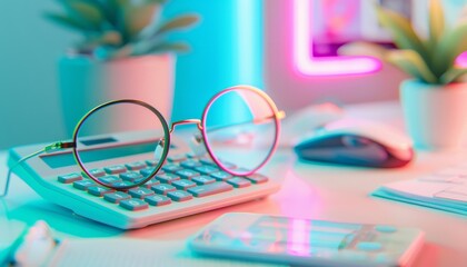 Illuminated Business Efficiency - Close-Up of Neon-Edged Calculator on Office Desk with Precise Studio Lighting