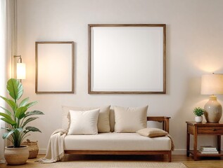 Sofa and blanket, large blank framed poster mockup, and plants, natural light background, home decor concept. 3D Rendering