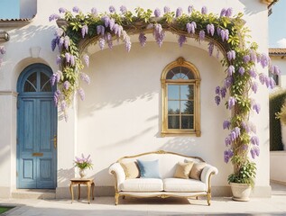 Wisteria-flowered walls and a cool sofa