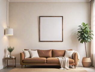 Brown sofa, large blank framed poster mockup, and plants, natural light background, home decor concept. 3D Rendering