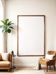 Brown chair, large blank framed poster mockup, and plants, natural light background, home decor concept. 3D Rendering