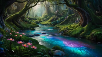 Enchanted Forest with a Magical River Flowing Through