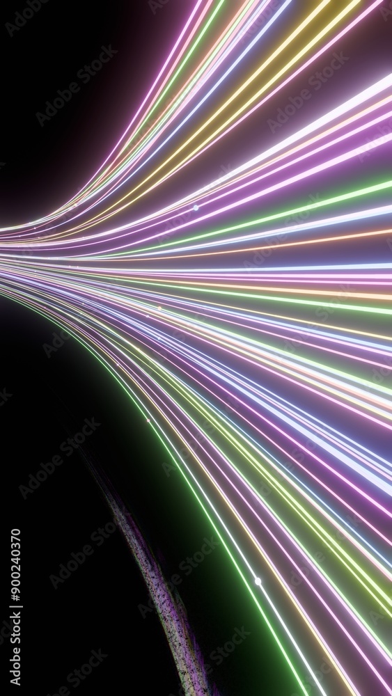 Poster Dynamic Curved Neon Light Trails on Black Background..