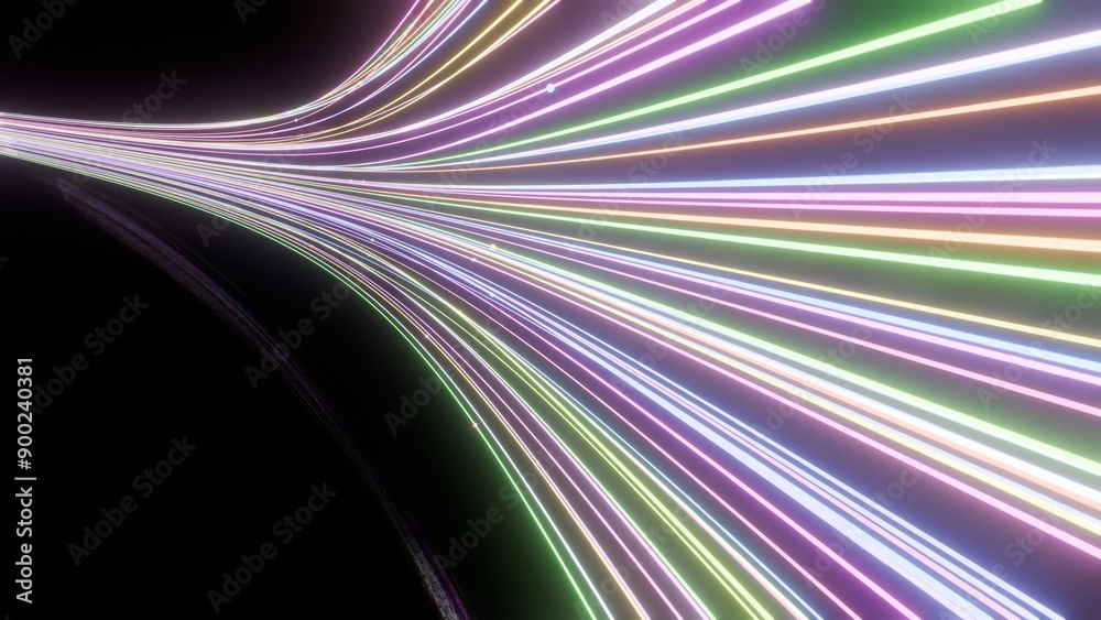 Poster Dynamic Curved Neon Light Trails on Black Background..