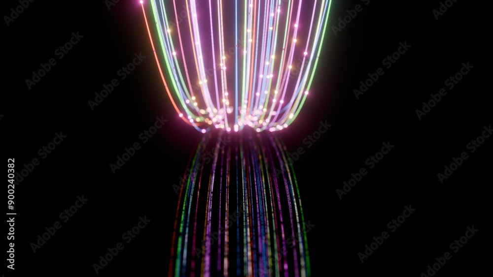 Poster Futuristic Neon Light Trails Converging in Dark Space...