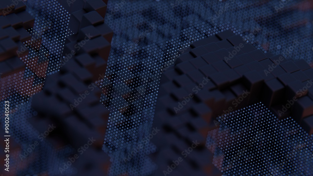 Aufkleber Abstract 3D Tiles with Glowing Lights in a Dark Environment..