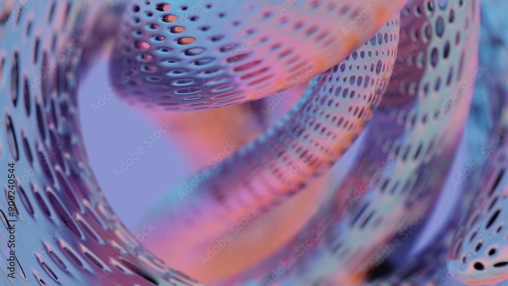 Poster abstract 3d twisted tubes with perforated surface in pastel colors..