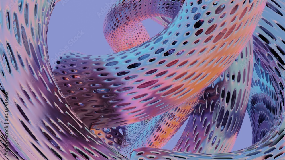Poster Abstract 3D Twisted Tubes with Perforated Surface in Pastel Colors..