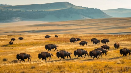 Obraz premium Herd of Bison Grazing in a Golden Grass Field