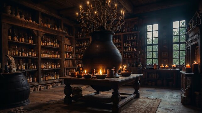 Magical Potion Bottles in Witch's Cauldron: Candles, Smoke, Spellbooks, Dark, Enchanted, Mystical, Spooky, Halloween, Vintage