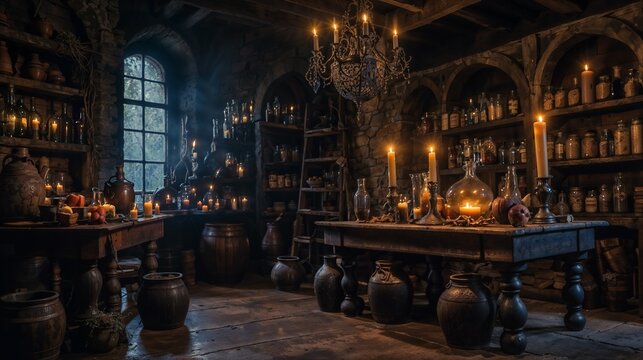 Magical Potion Bottles in Witch's Cauldron: Candles, Smoke, Spellbooks, Dark, Enchanted, Mystical, Spooky, Halloween, Vintage