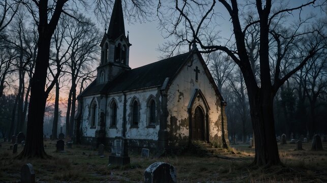Haunted Church: Abandoned, Gothic, Cemetery, Night, Spooky, Eerie, Dark, Historical, Horror, Shadows