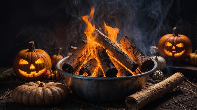 Halloween Bonfire Night: Jack-o-Lanterns, Pumpkins, Flames, Autumn, Spooky, Festive, Celebration, Firepit, Nighttime, Cozy