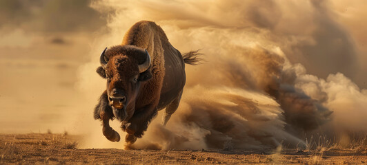 A Bison Running Through a Dust Cloud