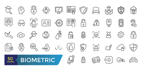 Biometric Related Line Icons Set. Related to Voice Recognition, Fingerprint, Door Lock and more. Collection and pack of linear web and ui icons. Editable stroke. Vector illustration.