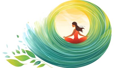 Circular swoosh with nature leaf and women yoga. 