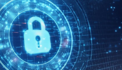Locked Screen - Padlock Icon on Blue Technical Screen - High Security of Device - Protection of Personal Data - Encryption of Password - Crypto Currency - Defense against Hackers and Hacking 