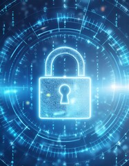 Locked Screen - Padlock Icon on Blue Technical Screen - High Security of Device - Protection of Personal Data - Encryption of Password - Crypto Currency - Defense against Hackers and Hacking 
