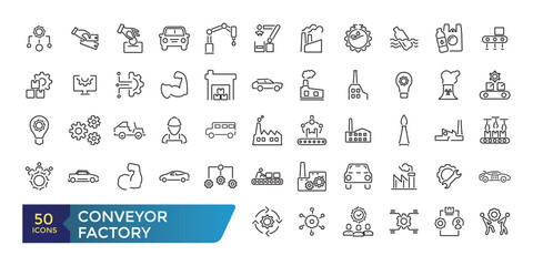 Conveyor factory icon set. Engineering and robotic industry. Conveyor belt. Collection and pack of linear web and ui icons. Editable stroke. Vector illustration.