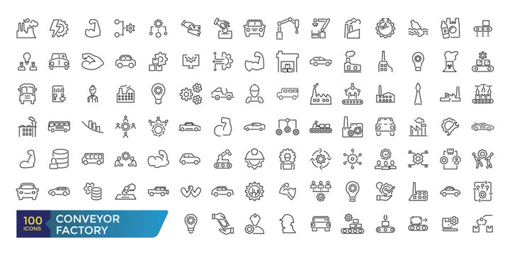 Conveyor factory icon set. Engineering and robotic industry. Conveyor belt. Collection and pack of linear web and ui icons. Editable stroke. Vector illustration.