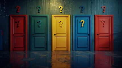 A hallway with multiple doors, each marked with a question mark, symbolizing lifes choices and endless possibilities. The image evokes curiosity and the uncertainty of decision-making.
