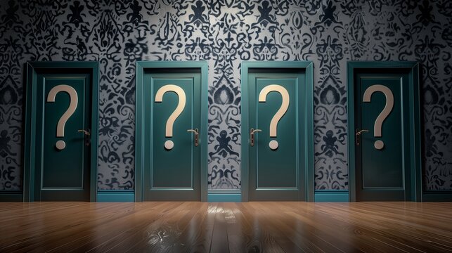 A hallway with multiple doors, each marked with a question mark, symbolizing lifes choices and endless possibilities. The image evokes curiosity and the uncertainty of decision-making.