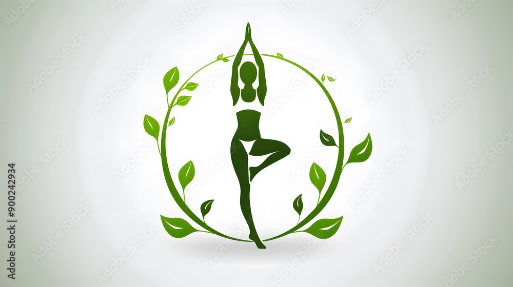 Wall mural circular swoosh with nature leaf and women yoga.