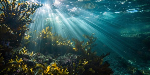 Obraz premium Sunlight streaming through underwater ocean scene