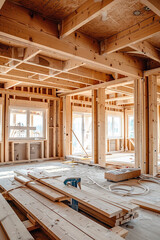 Wooden frame structure of a house under construction, capturing the early stages of building and architectural development.