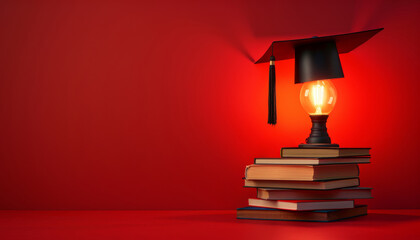 Graduation Cap on a Stack of Books with Light Bulb