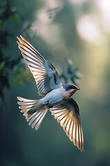 Obraz premium A swallow in mid-flight with wings spread wide, captured in a moment of graceful motion against a soft-focus natural background.