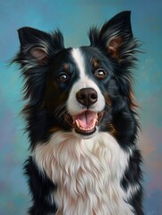 Fototapeta premium A black and white dog with a white spot on its face is smiling