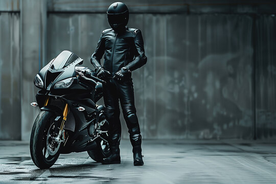 A solitary biker dressed in black leather gear stands by his motorcycle in an urban setting - Powered by Adobe