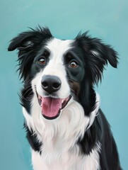 Fototapeta premium A black and white dog with a pink tongue is smiling and looking at the camera