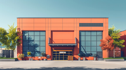 Naklejka premium A modern urban warehouse building with a contemporary design facade, ideal for commercial storage and logistics.