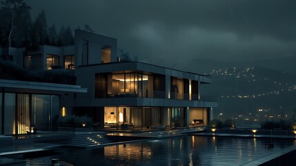 Luxurious Waterfront Home at Night. night view of the Lovely Home. AI-generated image 
