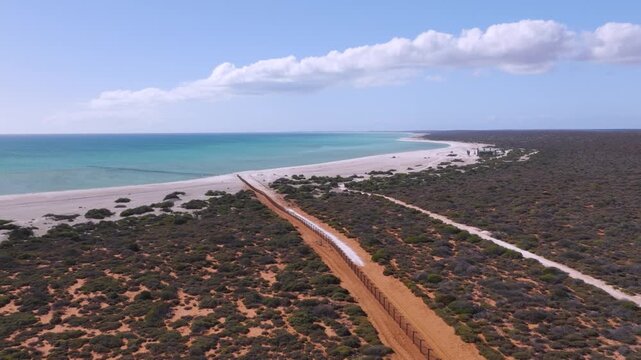Aerial footage of Shell Beach and Shell Beach Conservation Park in Western Australia, Australia
